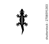 A stark black silhouette graphic representing a small gecko or lizard, viewed directly from above, featuring distinct toes and a pointed tail, perfect for minimalist design use.