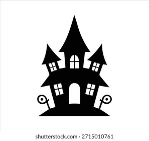 A stark black silhouette graphic representing a classic haunted house structure, featuring pointed roofs and multiple windows, perfect for Halloween themes or spooky design projects. Isolated on white