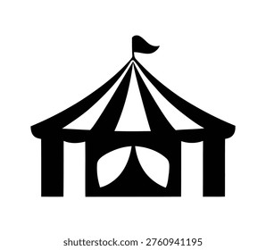 A stark black silhouette graphic representing a classic circus big top tent structure, featuring striped canvas sections and a small pennant flag at the apex, perfect for event promotion.