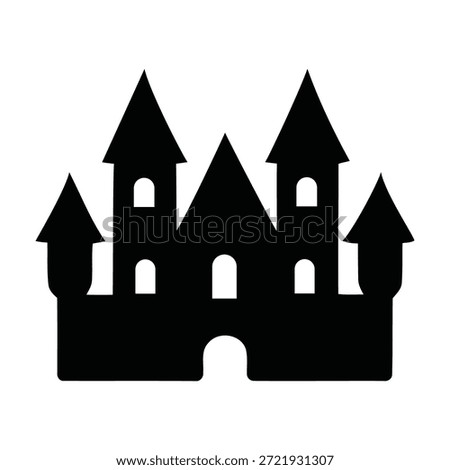 A stark black silhouette graphic representing a classic, imposing castle structure featuring several pointed towers and arched openings, perfect for holiday or fantasy themes.