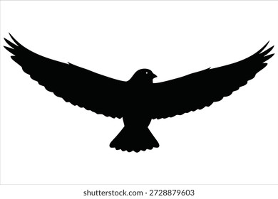 Una cruda silueta negra de un halcón o águila se eleva con sus alas completamente extendidas sobre un fondo blanco limpio.