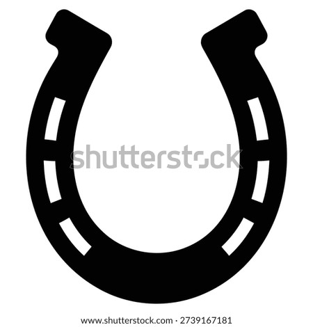 A stark black silhouette of a horseshoe, featuring distinct nail holes, presented cleanly on a white background.