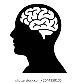 A stark black silhouette of a human head in profile view reveals a detailed white brain inside. The image is simple and graphic in style, using only black and white.