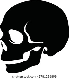 A stark black silhouette of a human skull shown in profile against a white background.