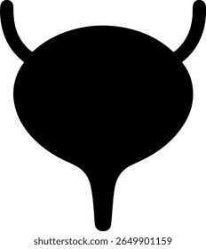 A stark black silhouette of a human urinary bladder is centrally placed against a soft gradient background. This distinctive silhouette style emphasizes the organ's form.