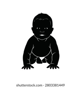 A stark black silhouette of an infant in a crawling pose against clean white backdrop. This graphic conveys pure beginnings and childhood development.