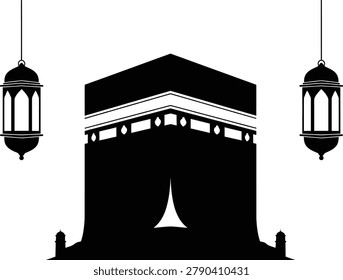 A stark black silhouette of the Kaaba, the most sacred site in Islam, flanked by two ornate hanging lanterns. Represents pilgrimage, faith, and Islamic architecture.