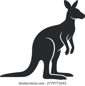 A stark black silhouette of a kangaroo in profile, showcasing its distinctive posture and long tail.