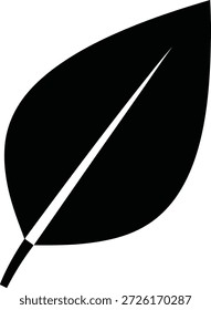 Una silueta negra de una hoja con una vena central blanca y afilada y un tallo sobre un fondo blanco puro. La forma simple y gráfica enfatiza la forma orgánica.