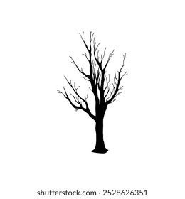 A stark black silhouette of a leafless tree, isolated on a plain white background, symbolizing winter, death, or nature