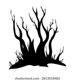 A stark black silhouette of leafless tree branches against a white background, emphasizing the intricate, twisted shapes of the barren branches.