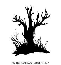 A stark black silhouette of a leafless, twisted tree with gnarled branches, set against a plain white background, emphasizing starkness and desolation.