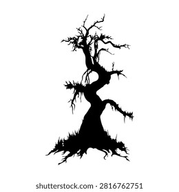 A stark black silhouette of a leafless, twisted tree with sparse branches, set against a plain white background, emphasizing its gnarled form and stark appearance.