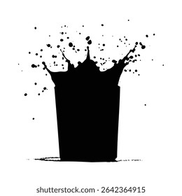 A stark black silhouette of a liquid splash in a glass against a white background. The splash forms a crown-like shape with scattered droplets. The style is graphic and bold.