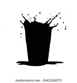 A stark black silhouette of a liquid splash filling a glass against a white background. The dynamic motion is captured in the uneven shape of the splash and the small droplets.