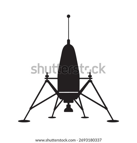 A stark black silhouette of a lunar module with four landing legs and an antenna stands against a clean white backdrop.