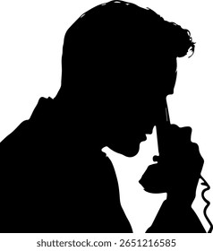 A stark black silhouette of a man, his face partially obscured, intently listening to someone on a vintage rotary telephone receiver held close to his ear.