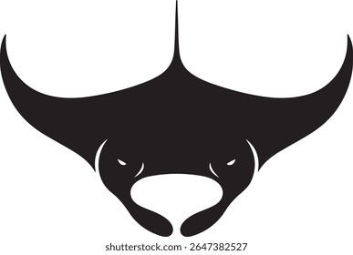 A stark black silhouette of a manta ray against a white background. The image is a simple, graphic representation of the animal, emphasizing its shape and form. The style is minimalist and bold.