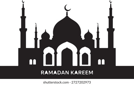 Uma silhueta preta gritante de uma mesquita com cúpulas intrincadas, minaretes altos e luas de crescente, com "Ramadan Kareem" escrito abaixo.