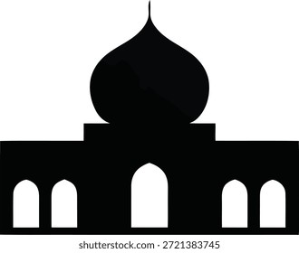 Una cruda silueta negra de una mezquita, mostrando su distintiva cúpula y múltiples entradas arqueadas sobre un fondo blanco.