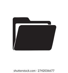 A stark, black silhouette of an open folder, showcasing a distinct flat design style.