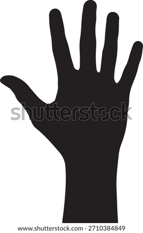 A stark black silhouette of an open human hand, palm facing forward, with fingers spread wide against a clean white background.