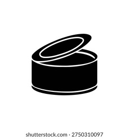 A stark black silhouette of an opened tin can dominates the frame against a pure white background. The lines are clean and bold emphasizing the cylindrical shape and the detached lid angled.