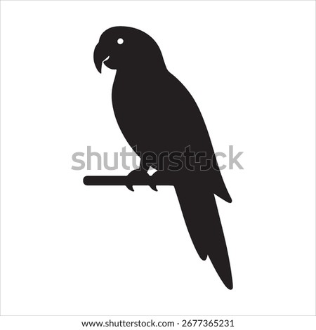 A stark black silhouette of a parrot perched on a branch against a clean white background.