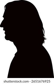 Uma silhueta preta escura de uma pessoa com cabelo longo, virada para a esquerda, é colocada contra um fundo branco limpo. A imagem é uma visualização de perfil simples, mas impressionante.