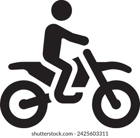 Eine krasse schwarze Silhouette einer Person, die ein Motorrad fährt, präsentiert in einem einfachen und klaren Piktogrammstil. 