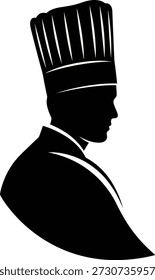 A stark black silhouette of a person's head and shoulders, facing right, wearing a tall, pleated toque blanche chef's hat.