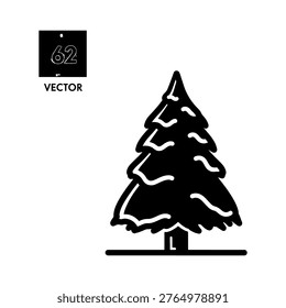 A stark black silhouette of a pine tree is presented with accompanying graphic elements.