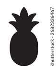 A stark black silhouette of a pineapple, showcasing its iconic crown and rounded body against a white background.