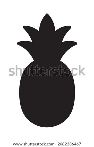 A stark black silhouette of a pineapple, showcasing its iconic crown and rounded body against a white background.