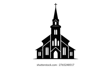 A stark black silhouette portrays a classic gothic church, emphasizing its architectural details and religious significance.