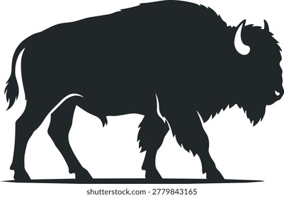 A stark black silhouette of a powerful bison, showcasing its muscular build and iconic hump.