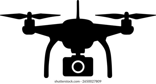 Uma silhueta preta escura de um drone quadricóptero, com quatro rotores e uma câmera suspensa. O estilo de silhueta limpa destaca seu design tecnológico contra um fundo leve.
