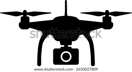 A stark black silhouette of a quadcopter drone, featuring four rotors and a suspended camera. The clean silhouette style highlights its technological design against a light background.