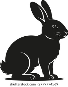 A stark black silhouette of a rabbit in profile, with large ears and a fluffy tail, sitting on a white background.
