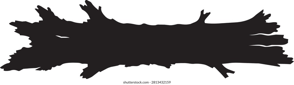 A stark black silhouette of a rough textured log on clean white backdrop. Ideal for graphic overlays nature themes or conceptual designs.