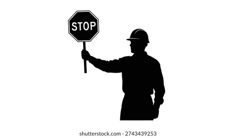 A stark black silhouette shows a construction worker holding a stop sign, utilizing distinctive negative space.