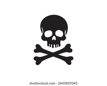 A stark black silhouette of a skull and two crossed bones is centered against a clean white background. 