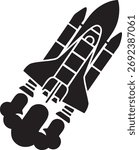 A stark black silhouette of a space shuttle ascending with powerful exhaust plumes, rendered in a bold silhouette style.