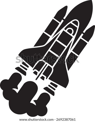 A stark black silhouette of a space shuttle ascending with powerful exhaust plumes, rendered in a bold silhouette style.