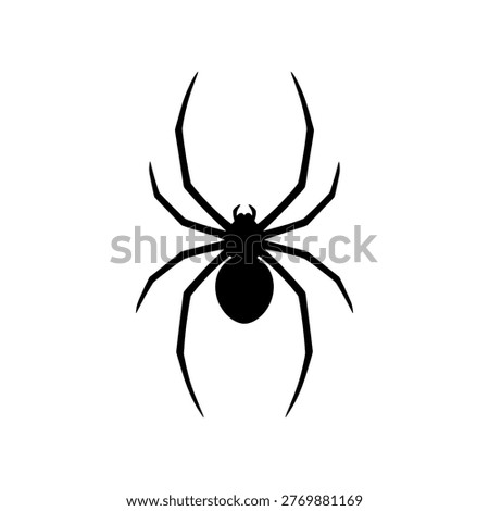 A stark black silhouette of a spider is presented against a clean white background. The spider is depicted with its characteristic eight legs spread outwards, creating a symmetrical and iconic shape. The body of the spider, consisting of a cephalothorax and abdomen, is clearly defined within the silhouette. The is minimalist and focusing on the recognizable form of the arachnid without any internal detail. Its simplicity makes it a versatile