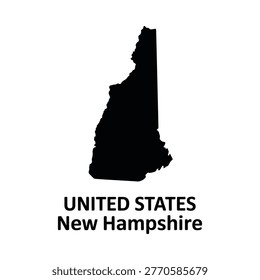 A stark black silhouette of the state of new hampshire over a white background with text