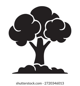 Una cruda silueta negra de un árbol estilizado se alza sobre un fondo blanco. El árbol tiene un tronco grueso que se ramifica en un dosel redondeado, similar a una nube. La base del árbol se representa con grupos estilizados que representan la cubierta del suelo o las raíces. El diseño general es simple y gráfico.