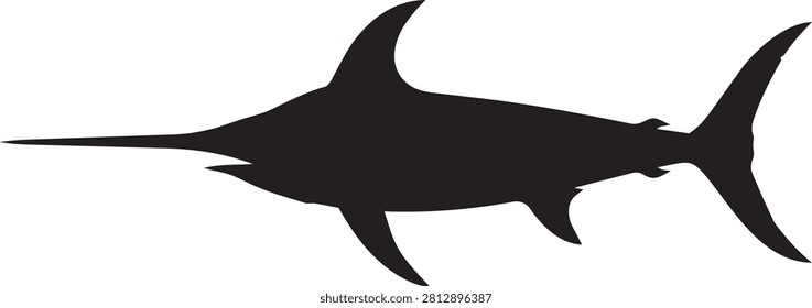 A stark black silhouette of a swordfish symbol of speed and the ocean's bounty ideal for seafood marketing or maritime themes.