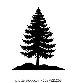 A stark black silhouette of a tall pine tree, with detailed, layered branches, set against a white background