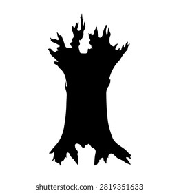 A stark black silhouette of a tree stump with jagged edges, isolated on a white background, emphasizing natural decay and environmental themes.